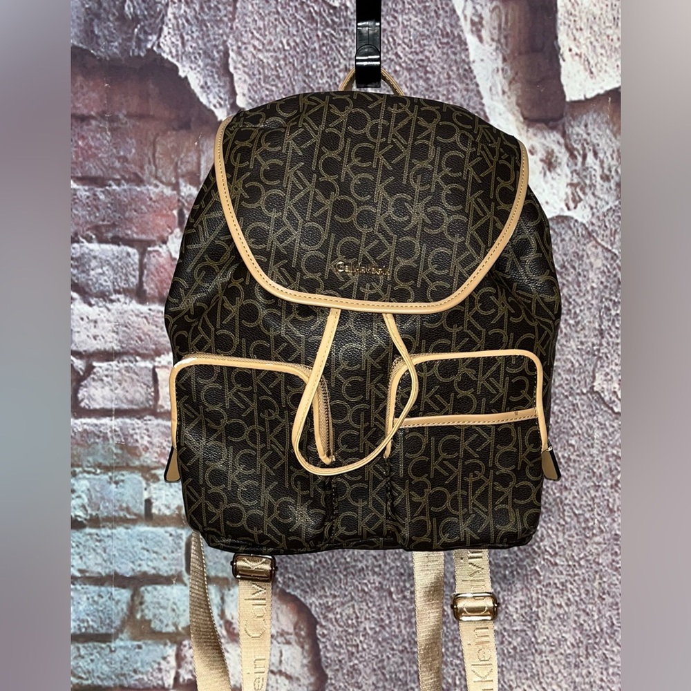 Calvin Klein Logo Monogram Brown Tan Adjustable Backpack Bag